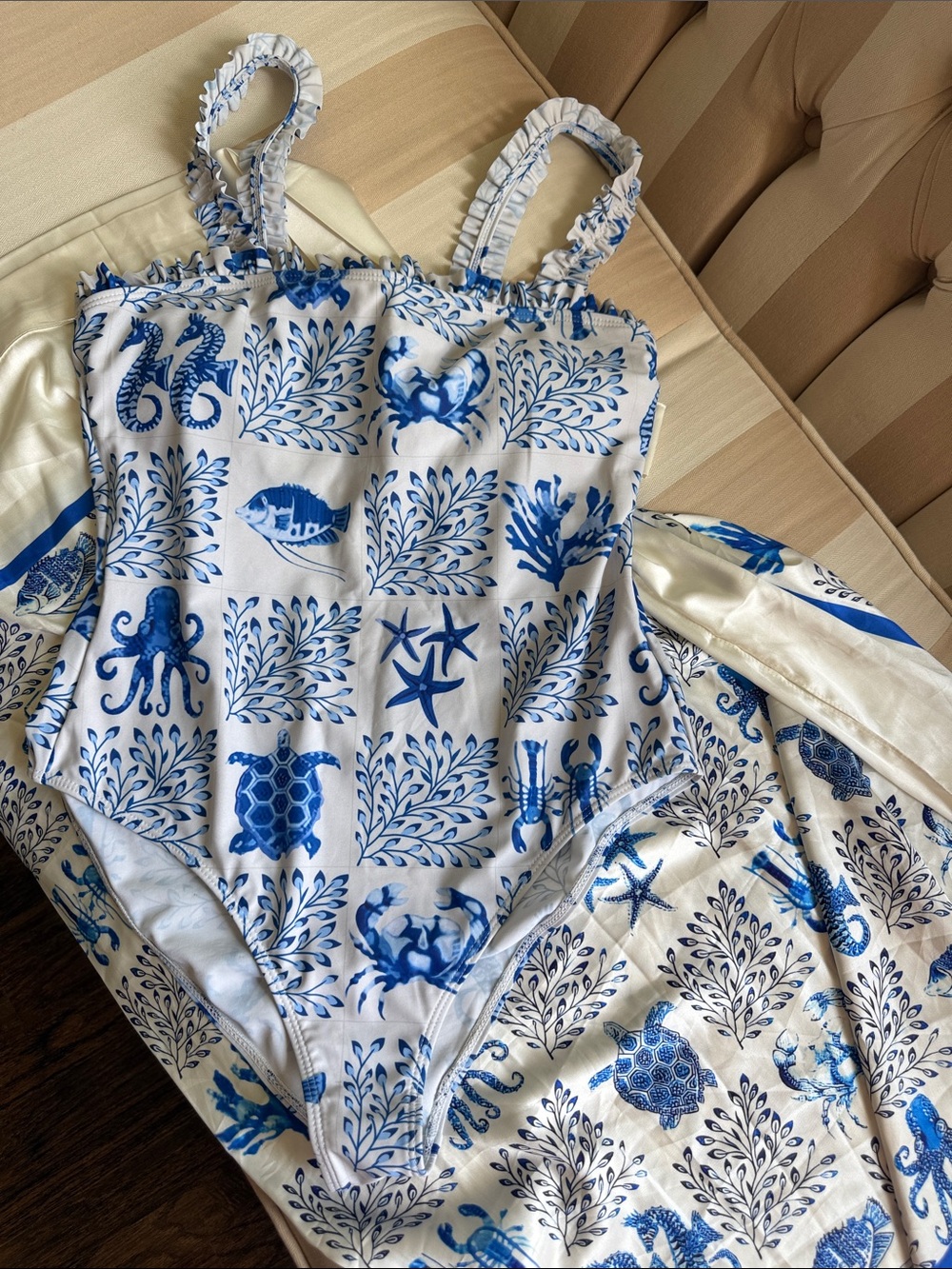 Blue & White Sea Life One-Piece Swimsuit + Matching Skirt - Picture 7 of 7